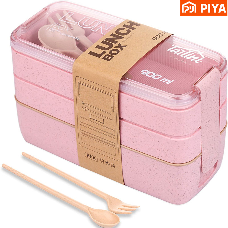 Food Snacks Box - 3-In-1 Compartment Wheat Straw Bento Box